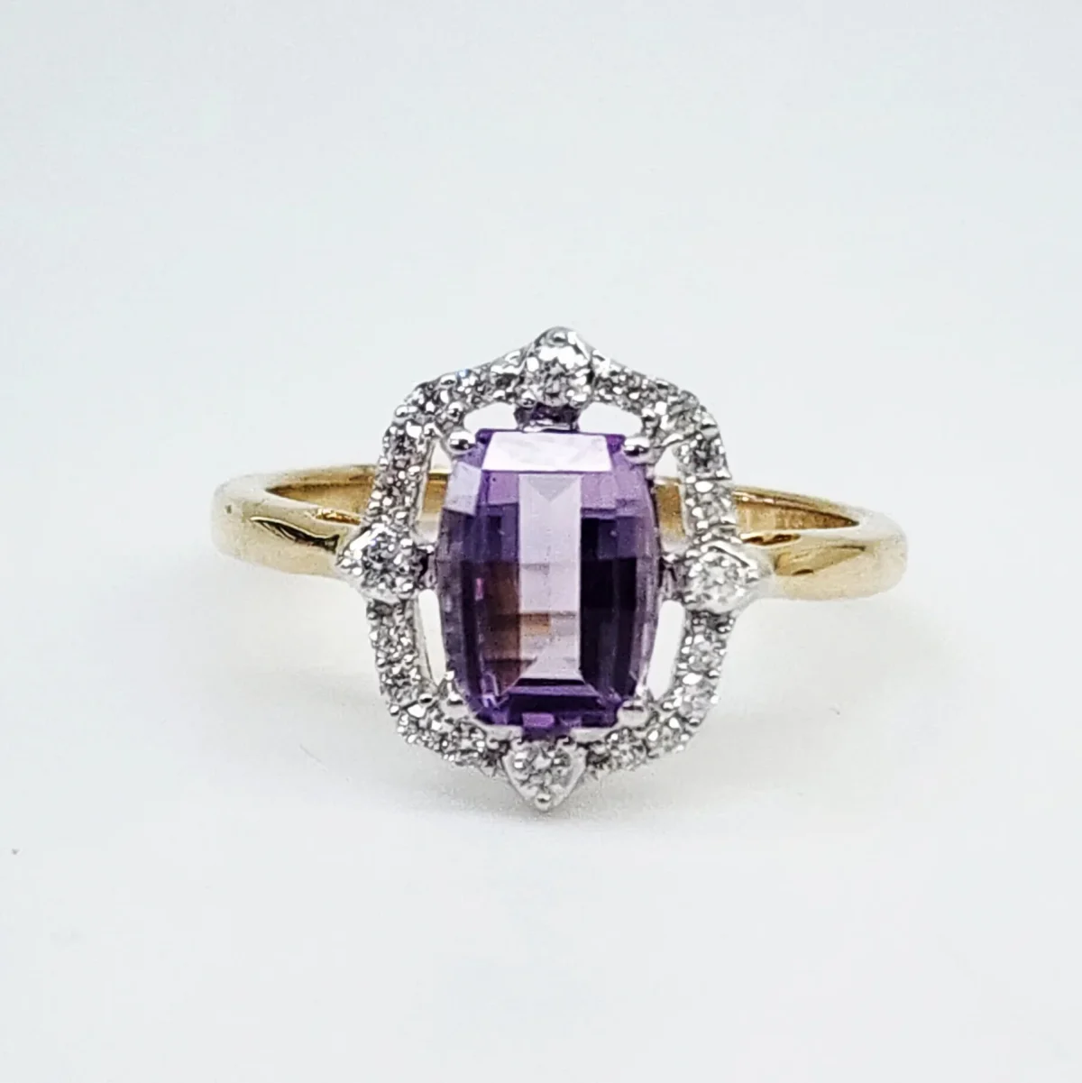 9ct Yellow Gold Amethyst & Diamond Halo Ring 6x8mm Cushion, TDW 0.18ct - 5R0017