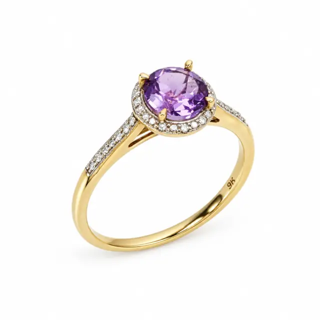 9ct Yellow Gold Amethyst & Diamond Halo Ring TDW 0.064ct - 5RG1020