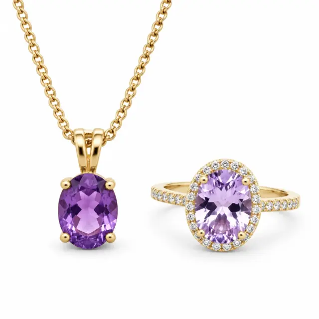 9ct Yellow Gold Amethyst Pendant & Diamond-Halo Amethyst Ring Set