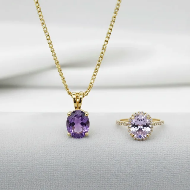 9ct Yellow Gold Amethyst Pendant & Diamond-Halo Amethyst Ring Set