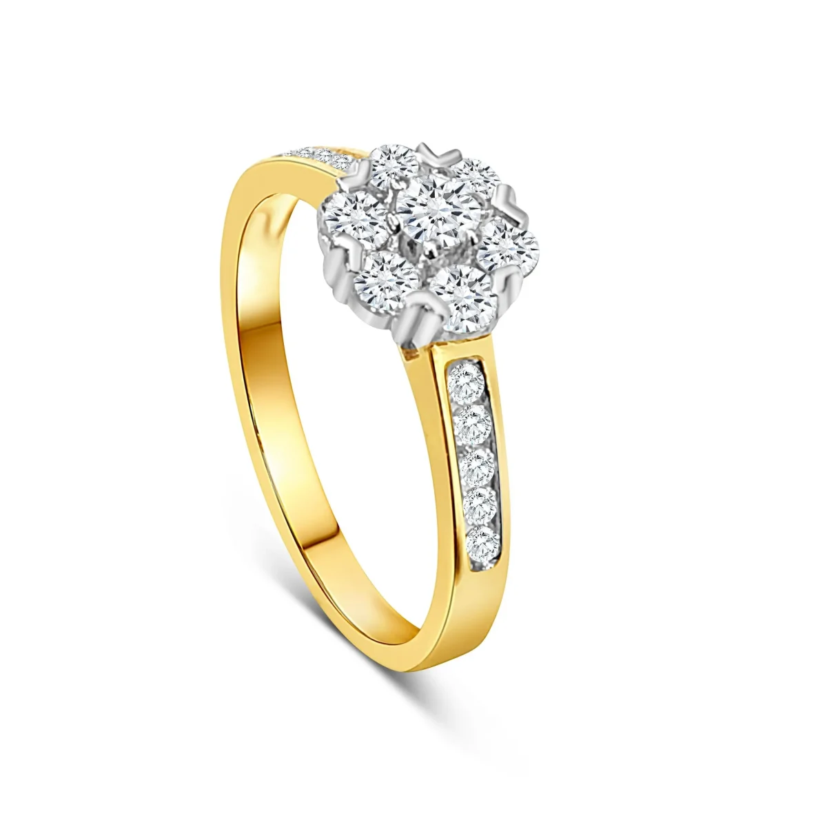 9ct Yellow Gold and Cubic Zirconia Cluster Ring with Stone Set Shoulders