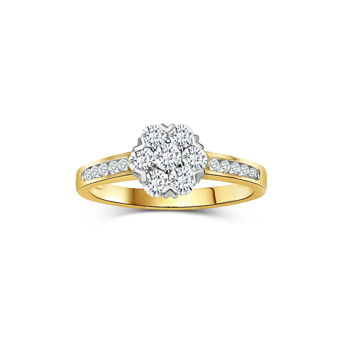 9ct Yellow Gold and Cubic Zirconia Cluster Ring with Stone Set Shoulders