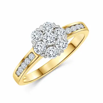 9ct Yellow Gold and Cubic Zirconia Cluster Ring with Stone Set Shoulders