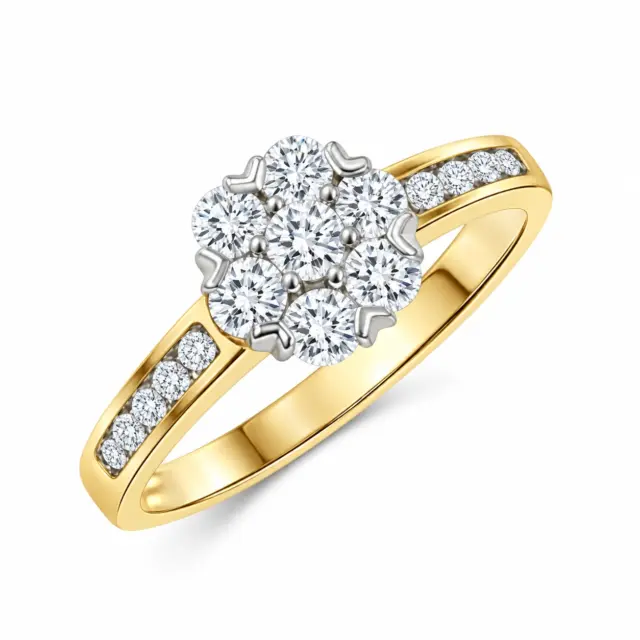 9ct Yellow Gold and Cubic Zirconia Cluster Ring with Stone Set Shoulders