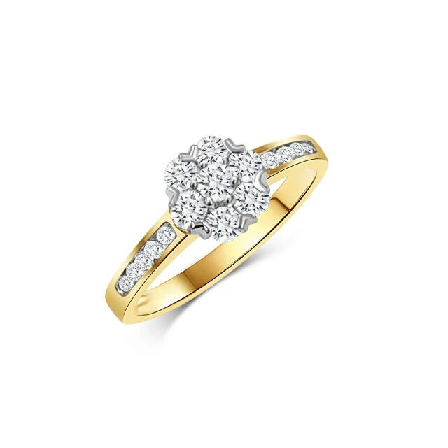 9ct Yellow Gold and Cubic Zirconia Cluster Ring with Stone Set Shoulders