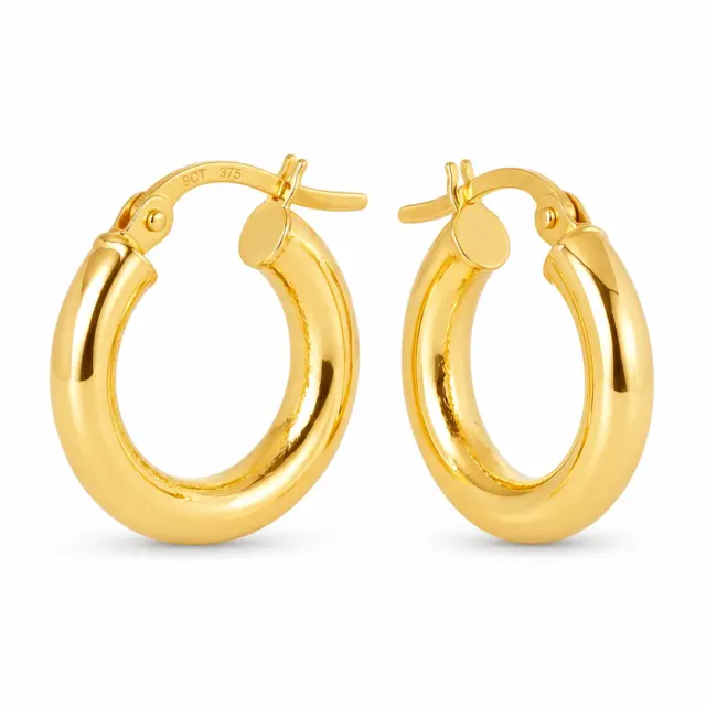 9ct Yellow Gold Aosta 3mm Plain Tube, 10mm Diameter Hoop Earrings