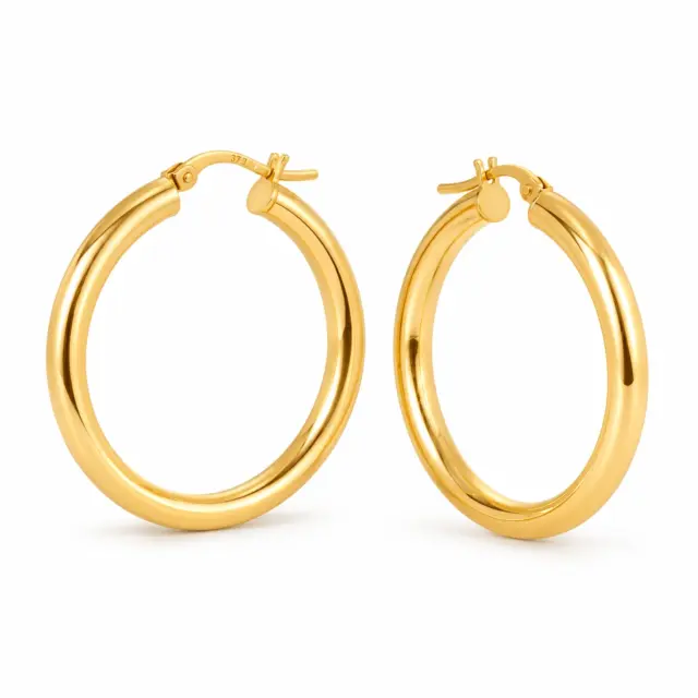 9ct Yellow Gold Aosta 3mm Round Tube 25mm Diameter Hoop Earrings