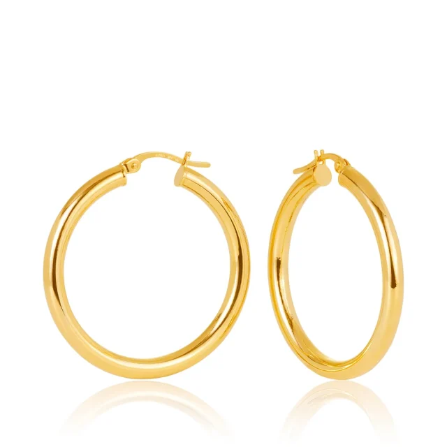 9ct Yellow Gold Aosta 3mm Round Tube 25mm Diameter Hoop Earrings
