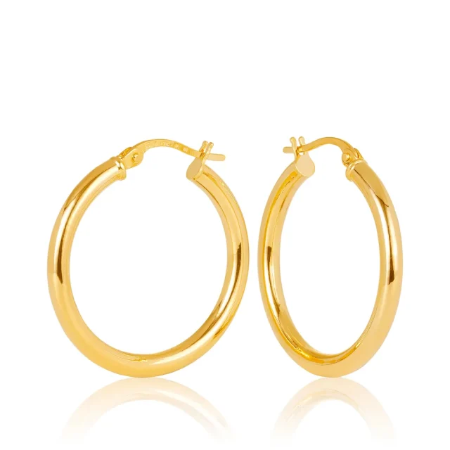 9ct Yellow Gold Aosta Plain 2.5mm Round Tube 20mm Diameter Hoop Earrings