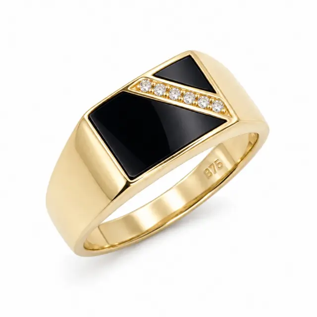 9ct Yellow Gold Black ONYX and Cubic Zirconia Ring SKU-D/A231