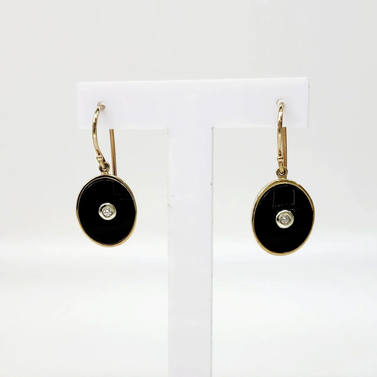 9ct Yellow Gold Black Onyx & Diamond Oval Bezel Set Hook Earrings