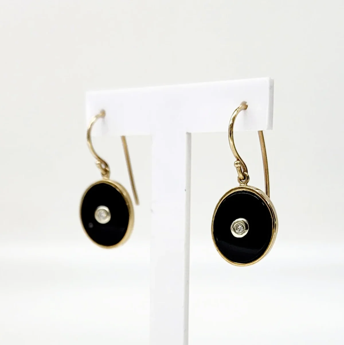 9ct Yellow Gold Black Onyx & Diamond Oval Bezel Set Hook Earrings