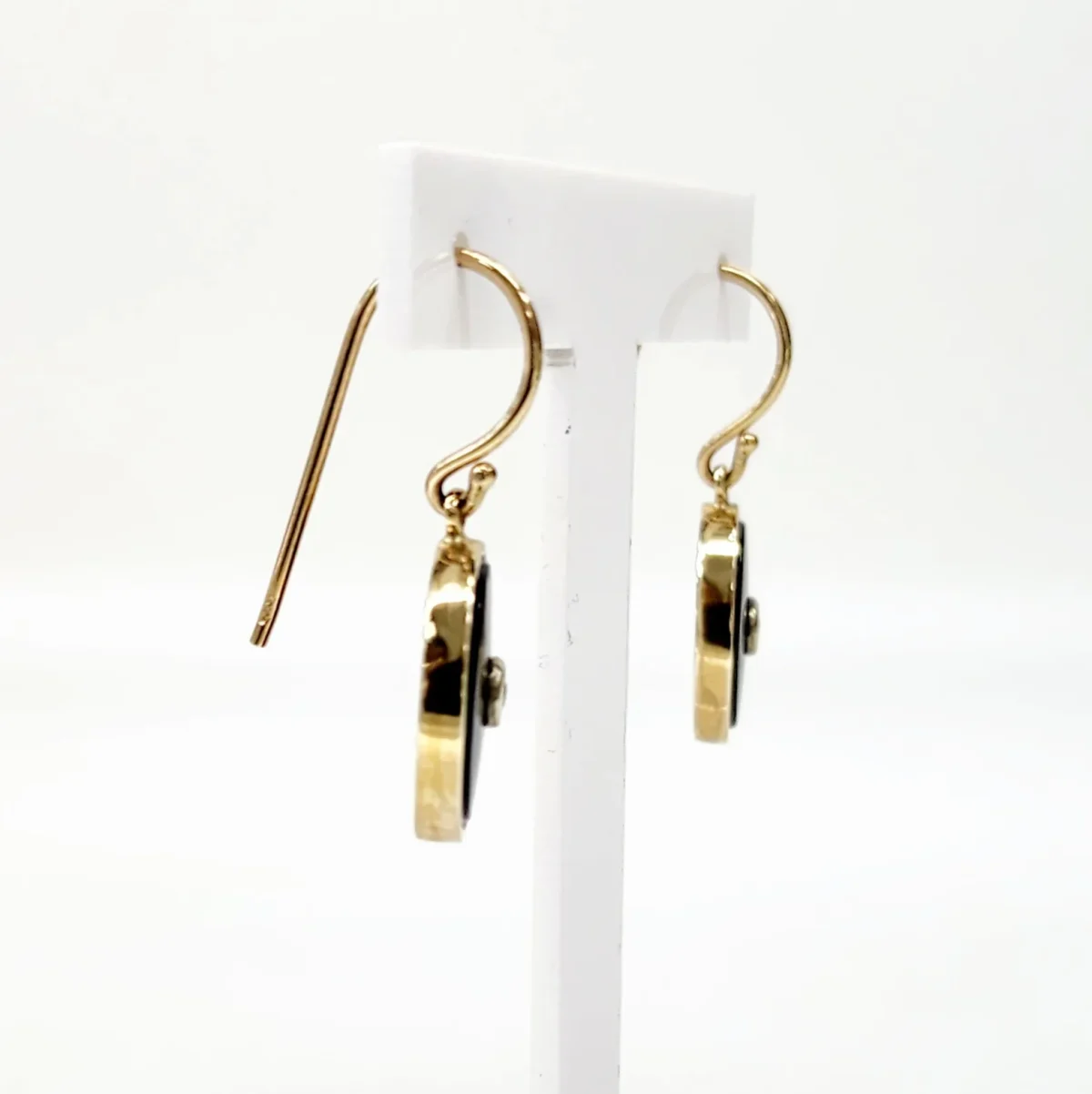 9ct Yellow Gold Black Onyx & Diamond Oval Bezel Set Hook Earrings