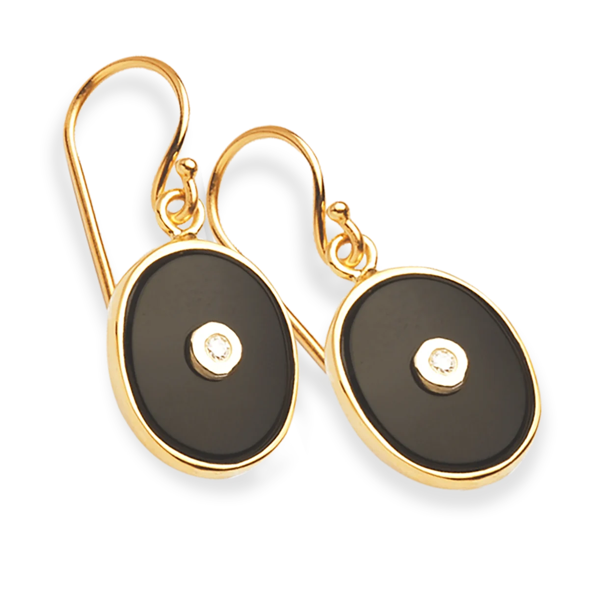 9ct Yellow Gold Black Onyx & Diamond Oval Bezel Set Hook Earrings