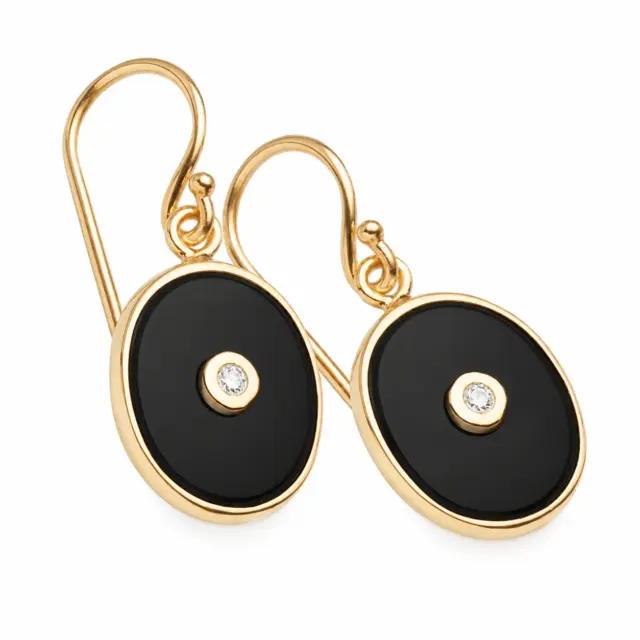 9ct Yellow Gold Black Onyx & Diamond Oval Bezel Set Hook Earrings