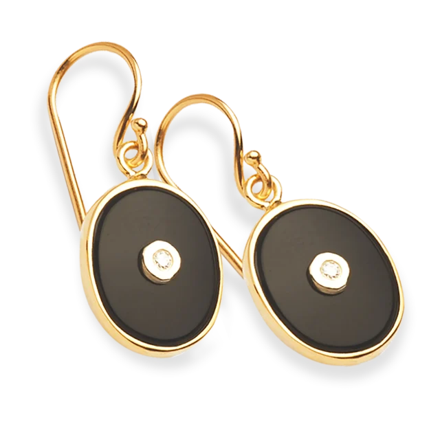 9ct Yellow Gold Black Onyx & Diamond Oval Bezel Set Hook Earrings