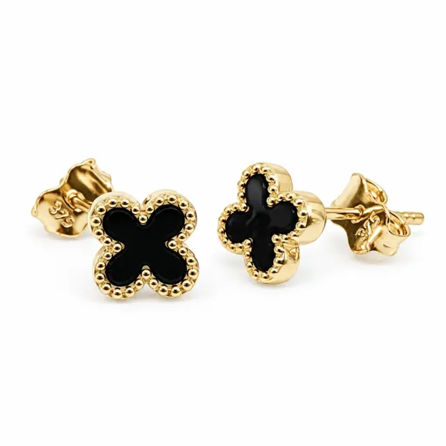 9ct Yellow Gold Black Onyx Clover Stud Earrings - 9YE0755OX