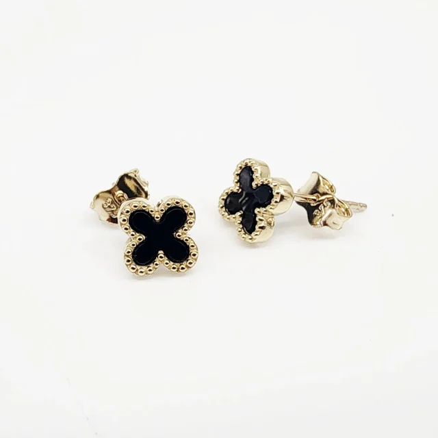 9ct Yellow Gold Black Onyx Clover Stud Earrings - 9YE0755OX