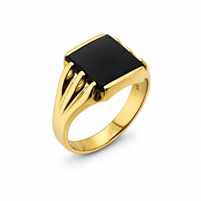 9ct Yellow Gold Black Onyx Signet Ring 12mm Square Onyx Stone - GD44X
