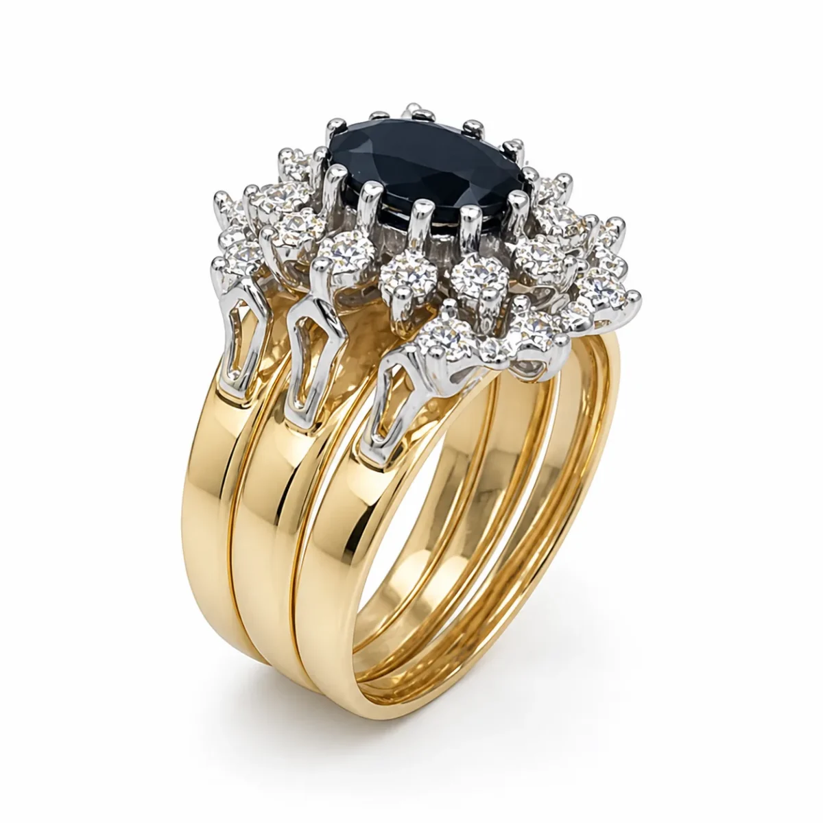 9ct Yellow Gold Black Sapphire & Diamond Halo 3 Piece Ring Set – 9CTD2053BS