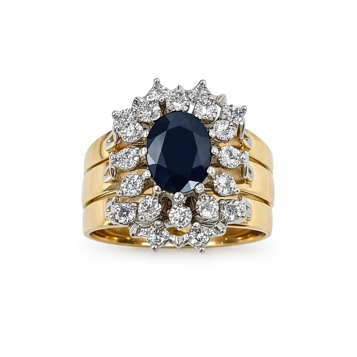 9ct Yellow Gold Black Sapphire & Diamond Halo 3 Piece Ring Set – 9CTD2053BS