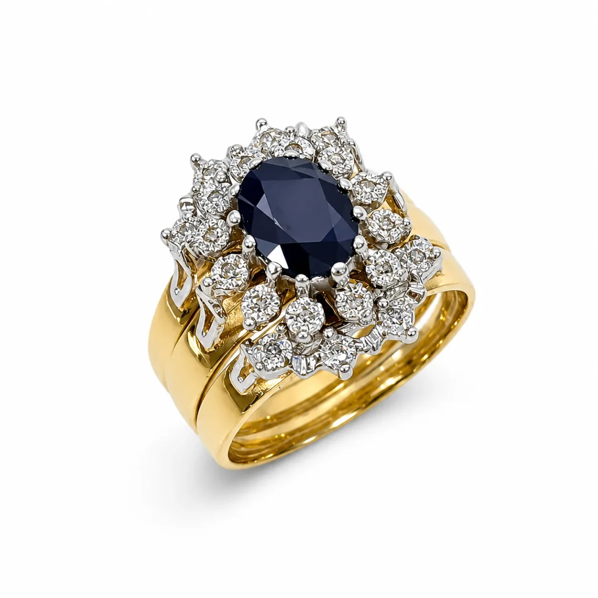 9ct Yellow Gold Black Sapphire & Diamond Halo 3 Piece Ring Set – 9CTD2053BS