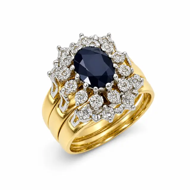 9ct Yellow Gold Black Sapphire & Diamond Halo 3 Piece Ring Set – 9CTD2053BS