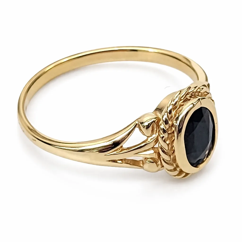 9ct Yellow Gold Black Sapphire Ring – Oval Rubover Set with Rope Edge Design - 9CTD2019BS