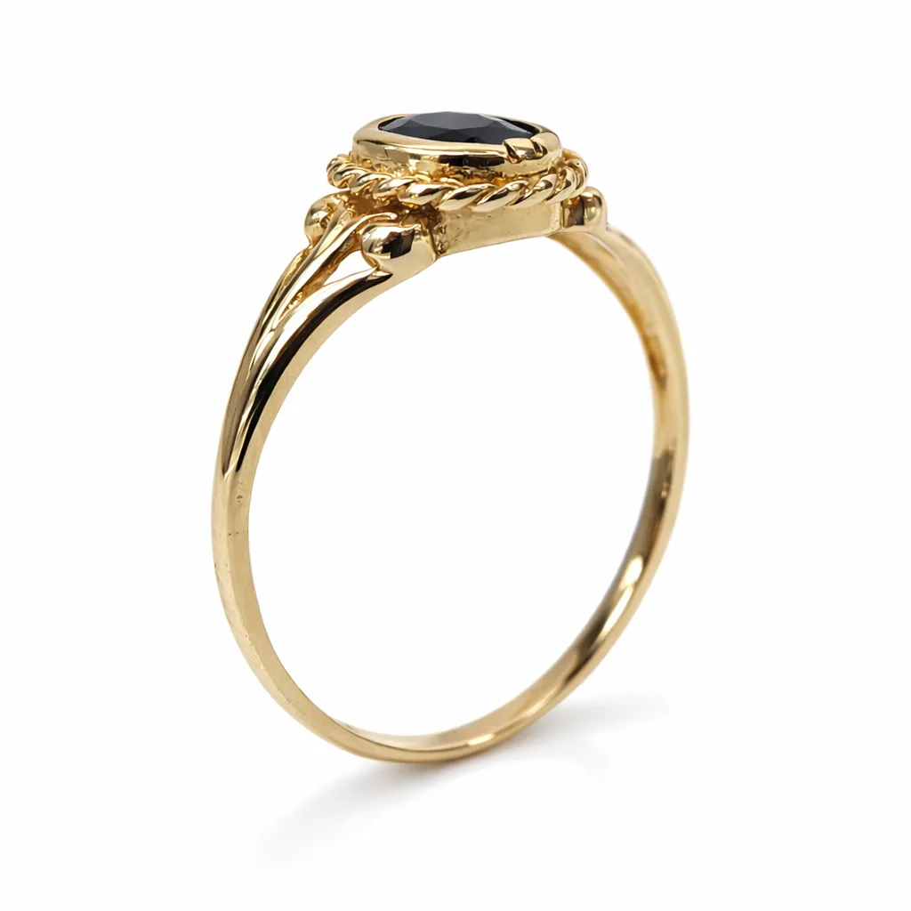 9ct Yellow Gold Black Sapphire Ring – Oval Rubover Set with Rope Edge Design - 9CTD2019BS