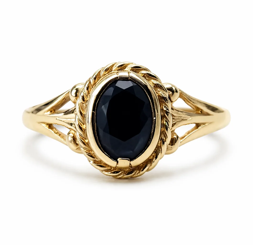 9ct Yellow Gold Black Sapphire Ring – Oval Rubover Set with Rope Edge Design - 9CTD2019BS