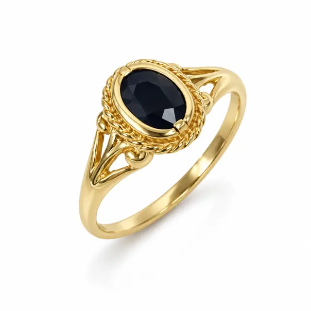 9ct Yellow Gold Black Sapphire Ring – Oval Rubover Set with Rope Edge Design - 9CTD2019BS