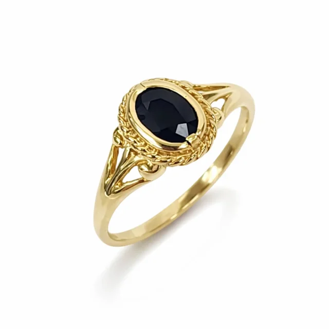 9ct Yellow Gold Black Sapphire Ring – Oval Rubover Set with Rope Edge Design - 9CTD2019BS