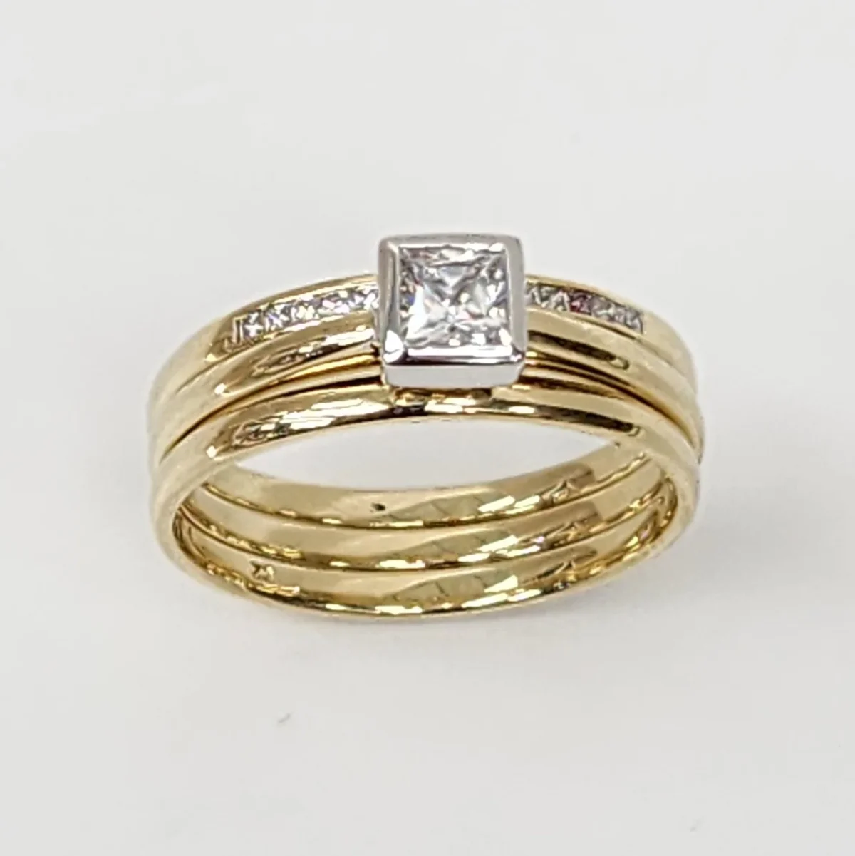 9ct Yellow Gold Bridal Set with Rubover Set CZ Engagement Ring, Wedding Band and Half Eternity Ring