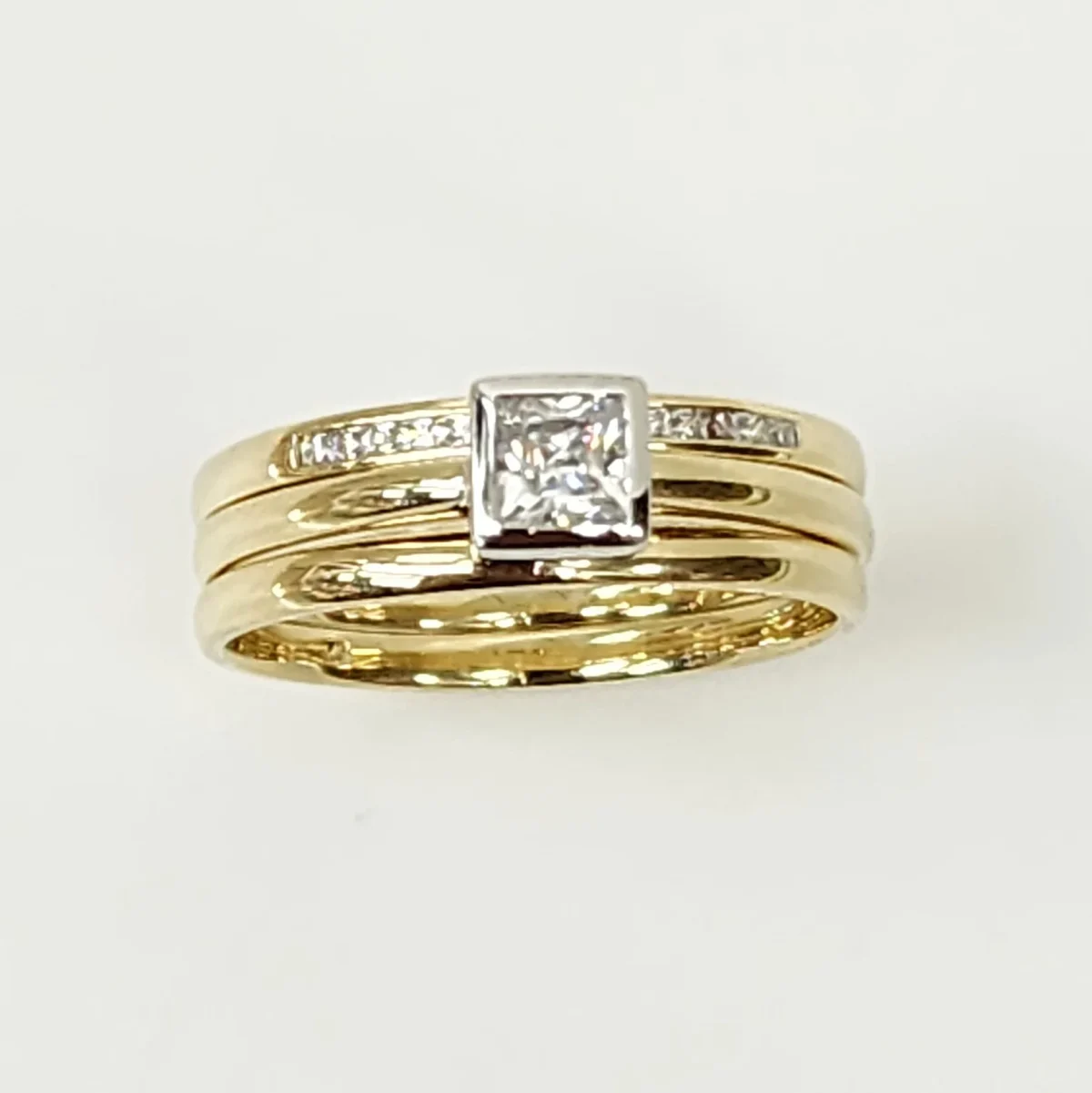 9ct Yellow Gold Bridal Set with Rubover Set CZ Engagement Ring, Wedding Band and Half Eternity Ring