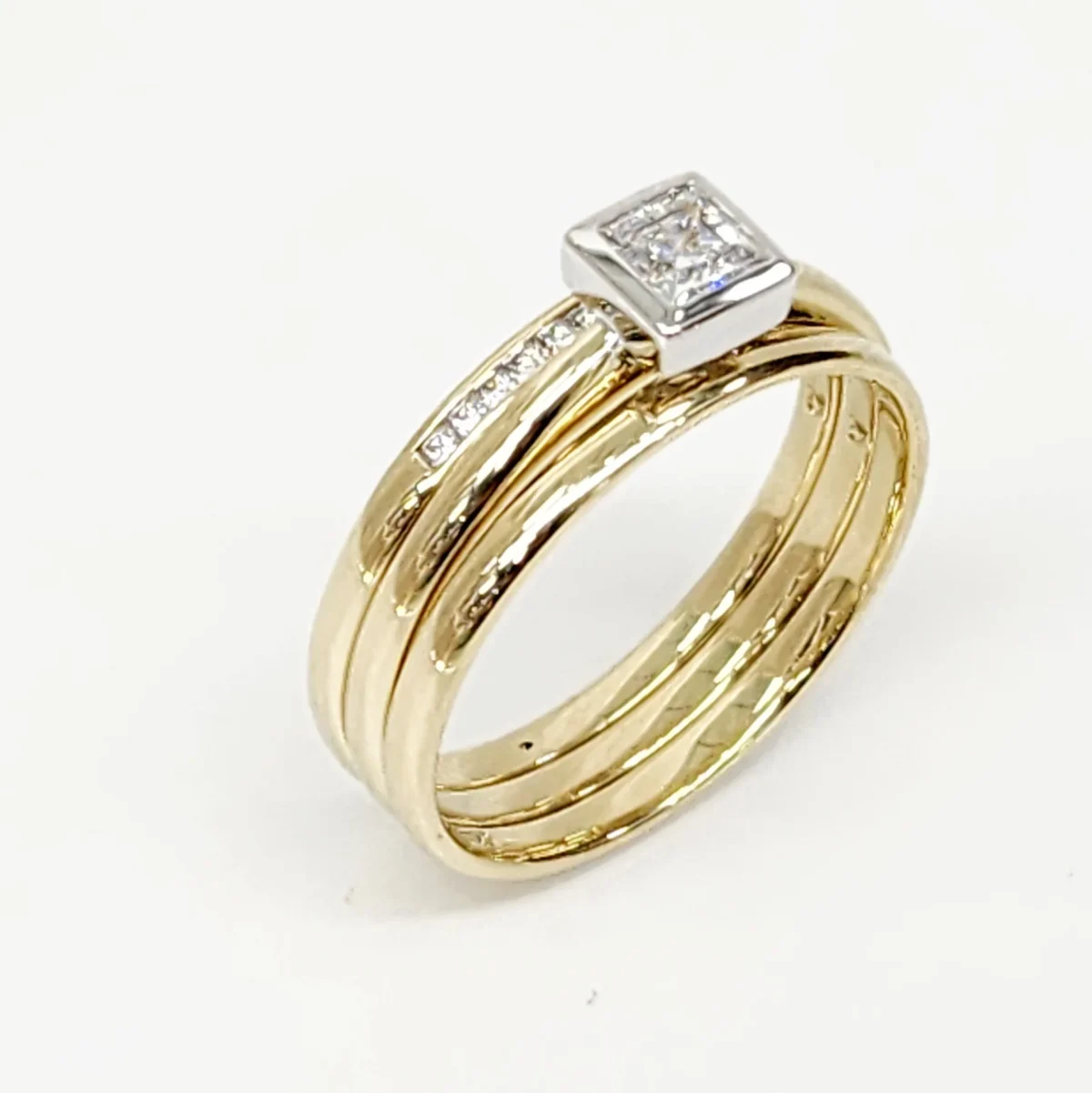 9ct Yellow Gold Bridal Set with Rubover Set CZ Engagement Ring, Wedding Band and Half Eternity Ring