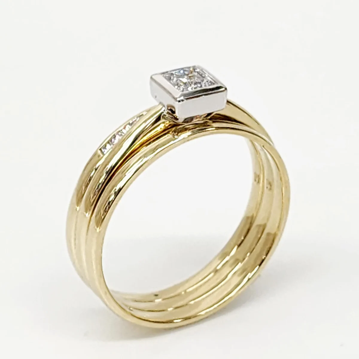 9ct Yellow Gold Bridal Set with Rubover Set CZ Engagement Ring, Wedding Band and Half Eternity Ring