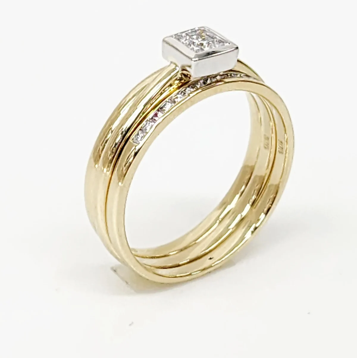9ct Yellow Gold Bridal Set with Rubover Set CZ Engagement Ring, Wedding Band and Half Eternity Ring