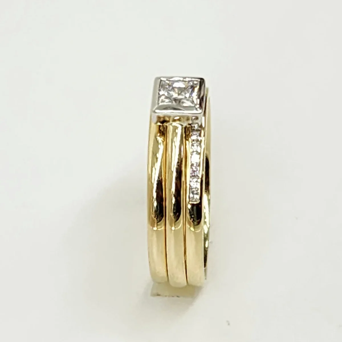 9ct Yellow Gold Bridal Set with Rubover Set CZ Engagement Ring, Wedding Band and Half Eternity Ring