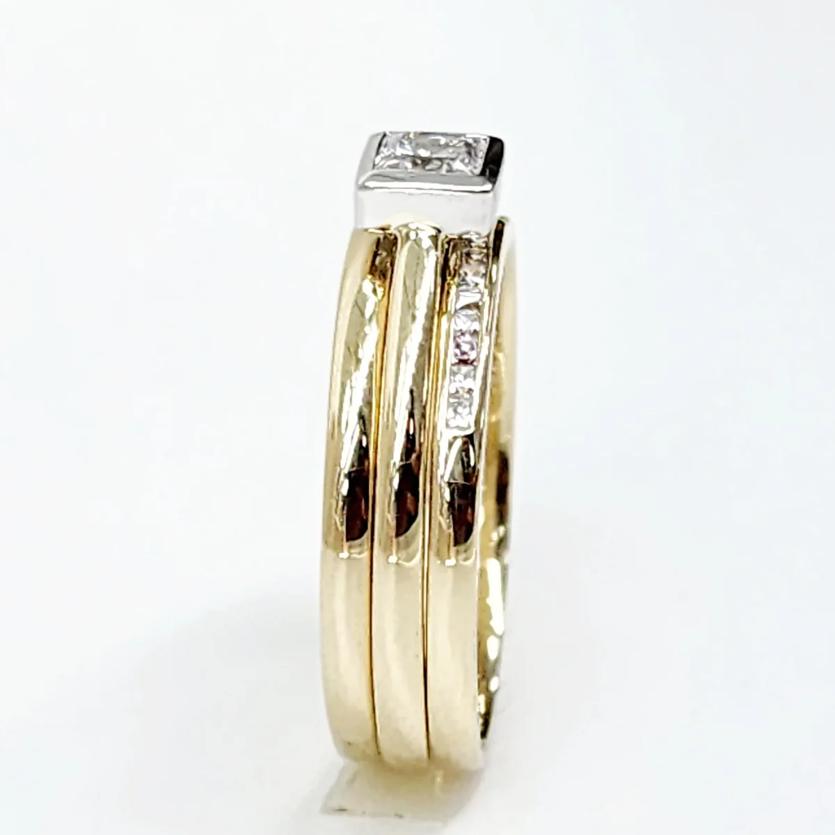 9ct Yellow Gold Bridal Set with Rubover Set CZ Engagement Ring, Wedding Band and Half Eternity Ring