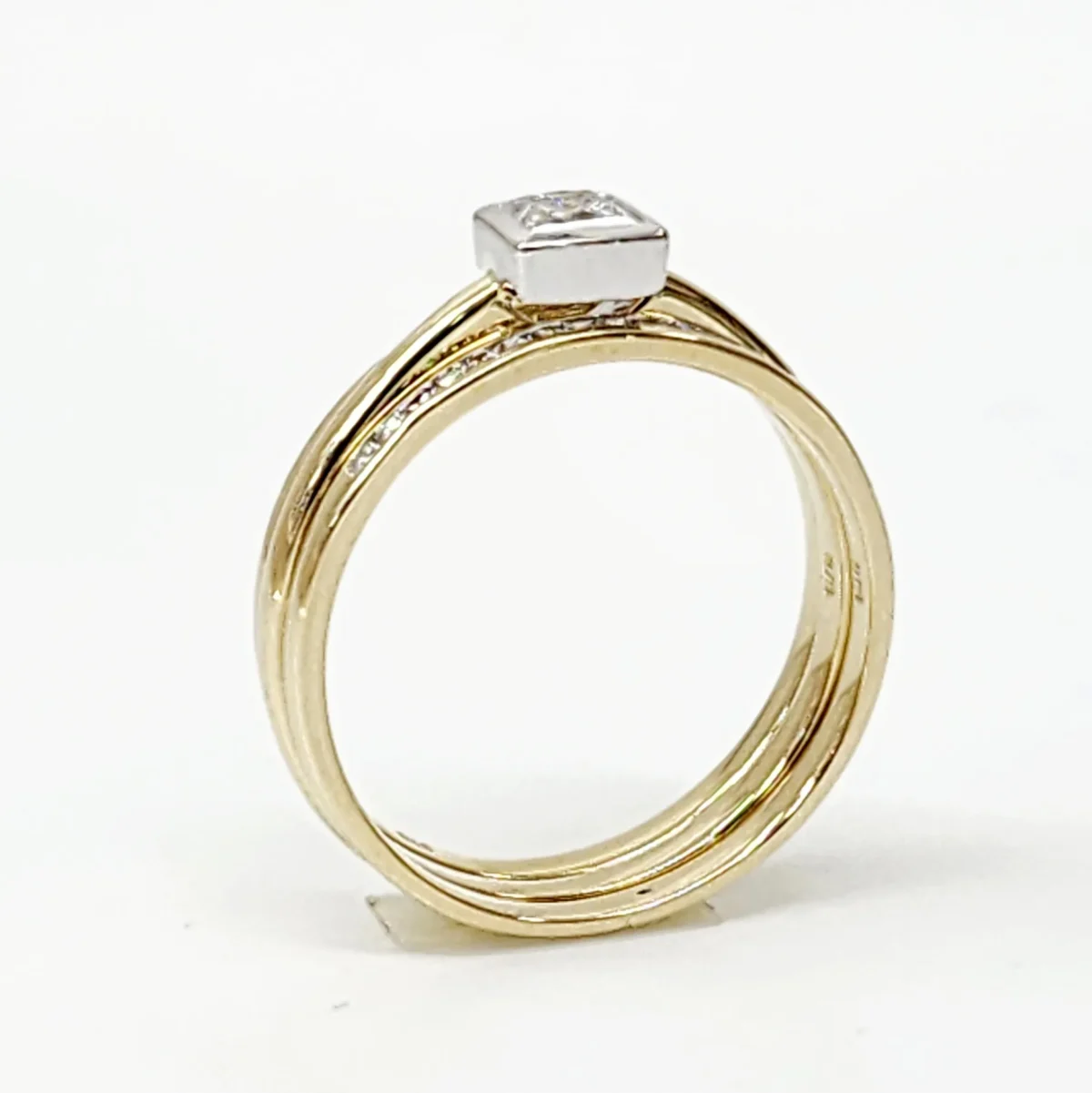 9ct Yellow Gold Bridal Set with Rubover Set CZ Engagement Ring, Wedding Band and Half Eternity Ring