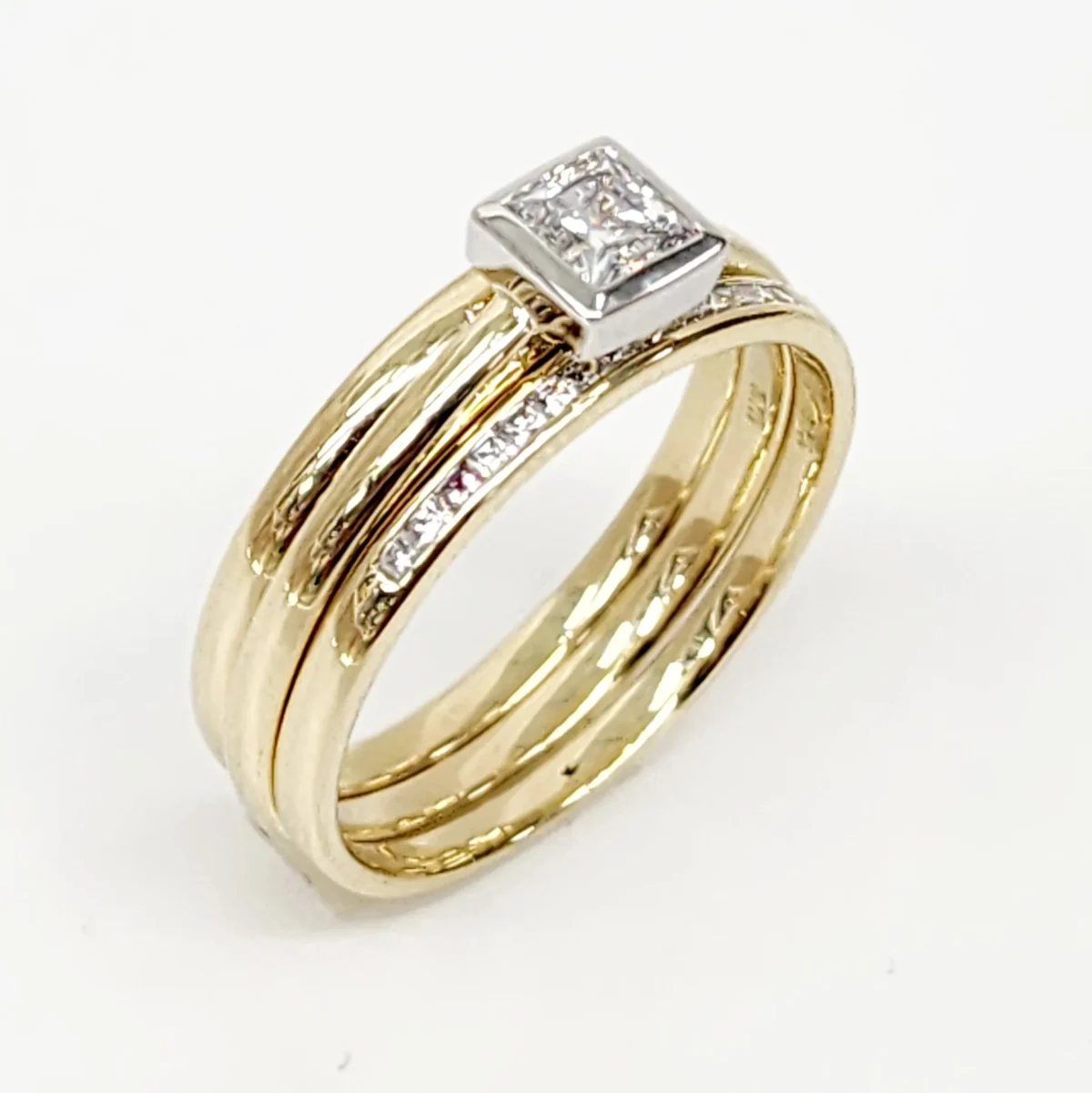 9ct Yellow Gold Bridal Set with Rubover Set CZ Engagement Ring, Wedding Band and Half Eternity Ring