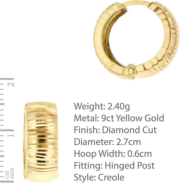 9ct Yellow Gold Carissima Huggie Hoop Earrings with Cross Striped Hoop Earrings 6 x 15.5mm