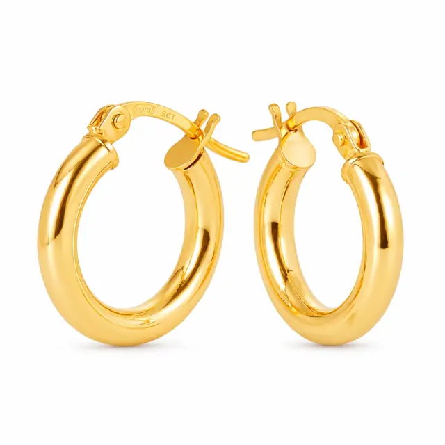 9ct Yellow Gold Celestine Plain 2.5mm Round Tube 10mm Diameter Hoop Earrings