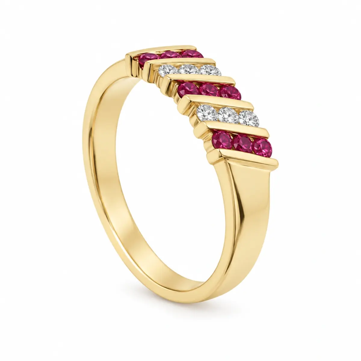 9ct Yellow Gold Channel Set Created Ruby & Cubic Zirconia Ring