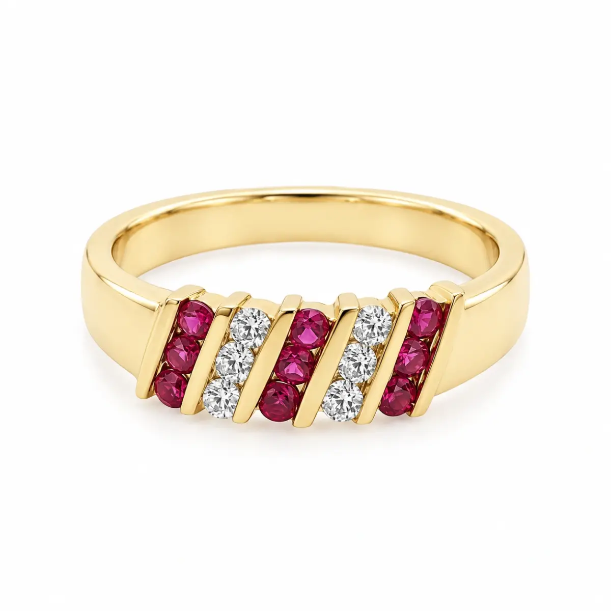9ct Yellow Gold Channel Set Created Ruby & Cubic Zirconia Ring