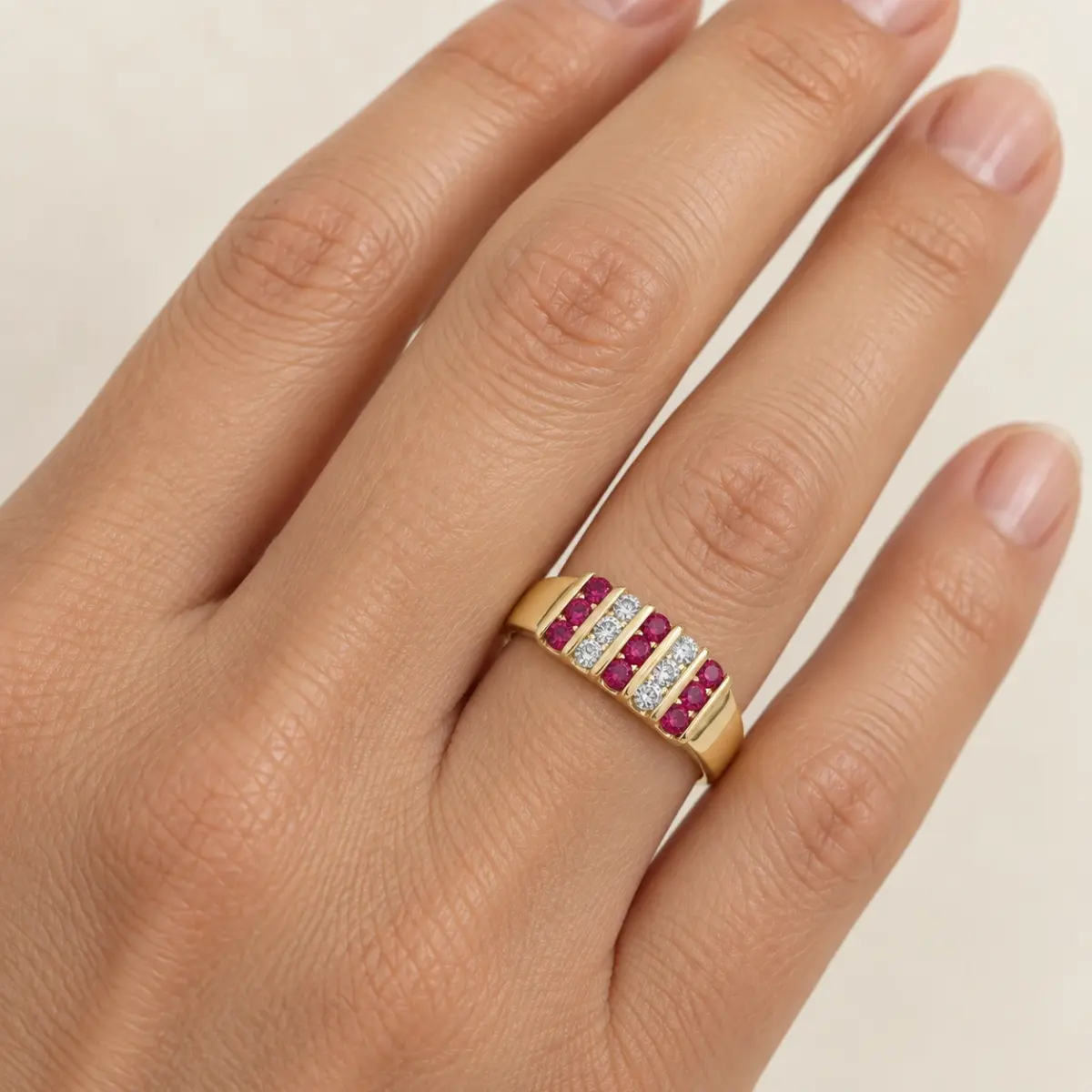 9ct Yellow Gold Channel Set Created Ruby & Cubic Zirconia Ring