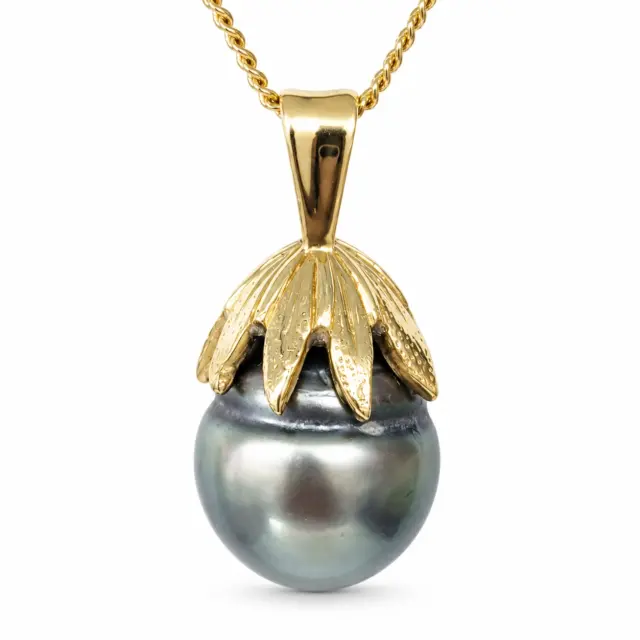 9CT Yellow Gold Cook Island Black Pearl Pendant – 11mm Teardrop Pearl with Solid Gold Cap - 9CTTBZCOOK