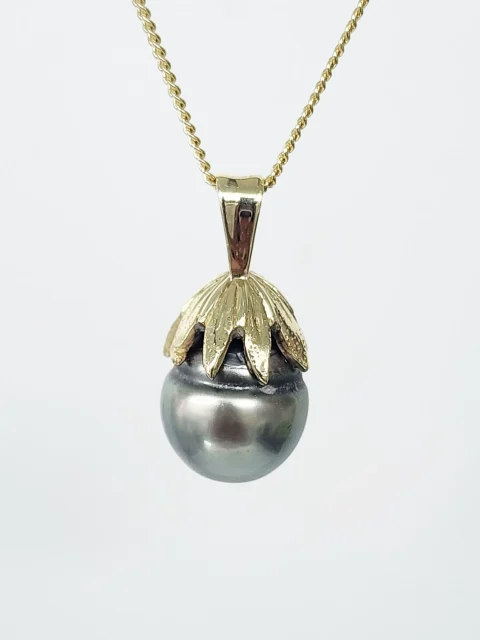 9CT Yellow Gold Cook Island Black Pearl Pendant – 11mm Teardrop Pearl with Solid Gold Cap - 9CTTBZCOOK