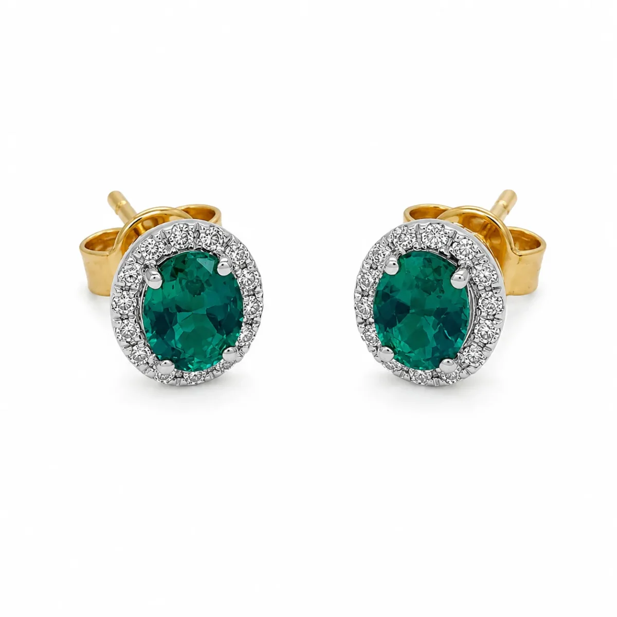 9ct Yellow Gold Created Emerald & Natural Diamond Halo Stud Earrings - CYE1898EM