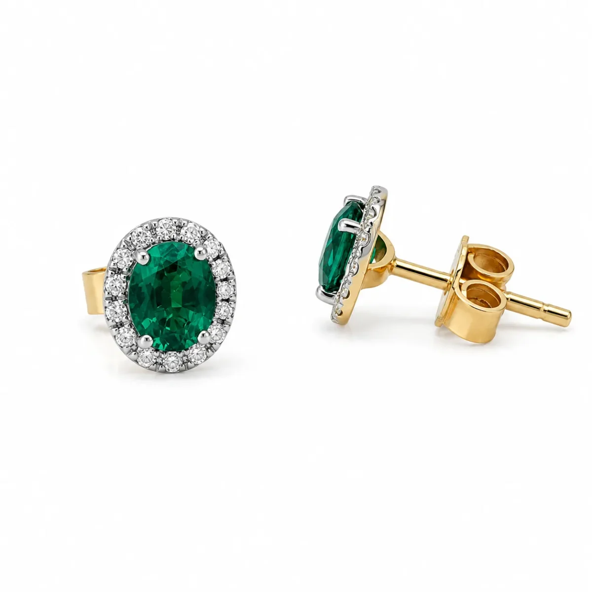 9ct Yellow Gold Created Emerald & Natural Diamond Halo Stud Earrings - CYE1898EM